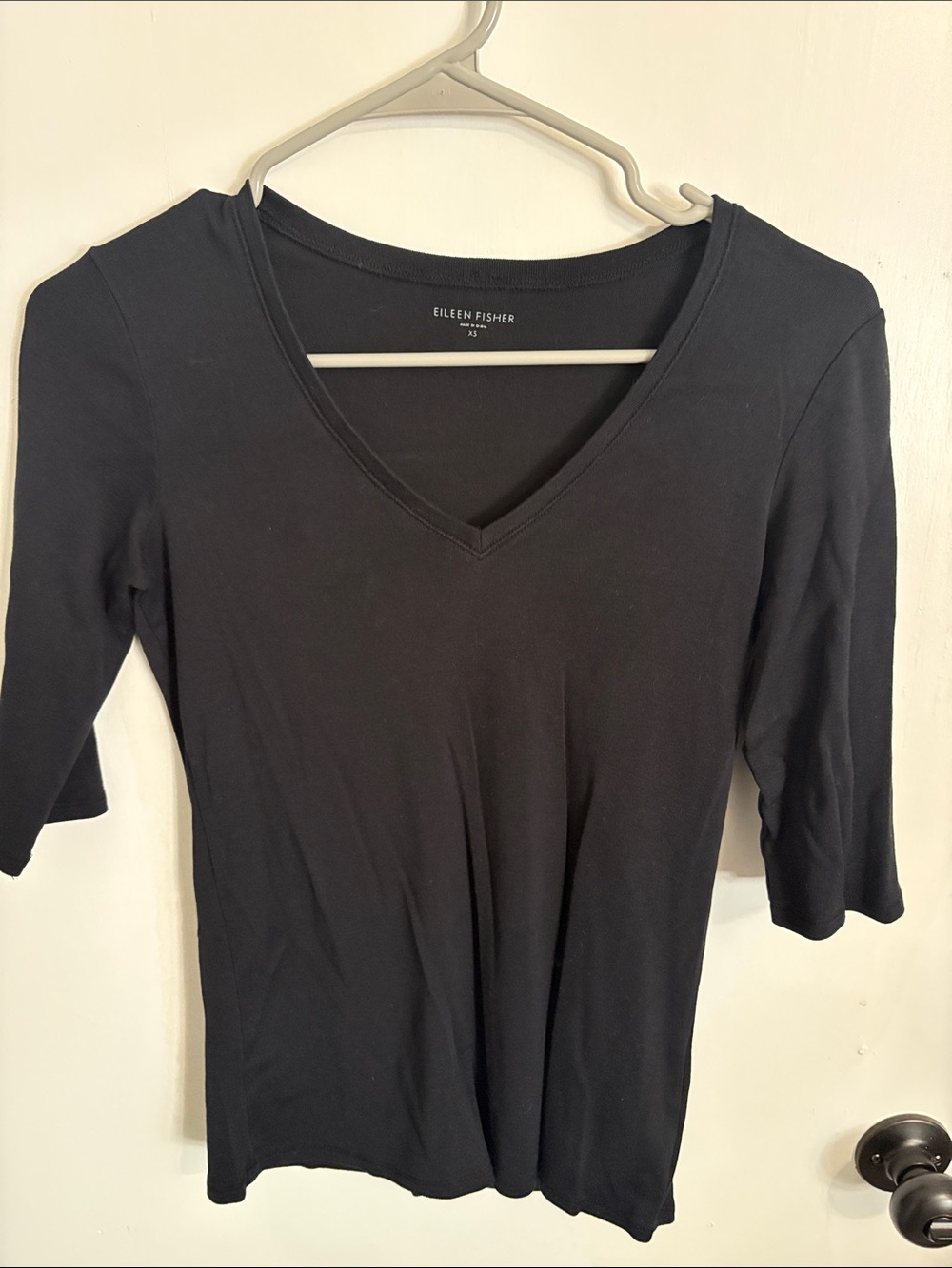 Eileen Fisher Black V-Neck Elbow Sleeve Tee
